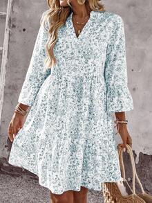 EMERY ROSE Women's Floral Print V-Neck Flare Sleeve Casual Mini Dress For Vacation - Blue - View 4