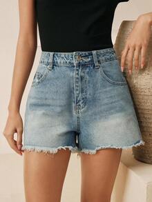 Anewsta Quần short denim màu xanh bạc màu, kiểu dáng rách rưới, đính đá lấp lánh. - Màu xanh lam - Xem 6