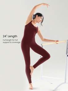 GLOWMODE 24" FeatherFit™-Air Feel Good Moves Buttery-Soft Stretchy Sweat-Wicking Removable Cups Side Pockets Open-Back Bodysuit Low Impact Yoga Pilates Gym Studio Daily Casual Wear - Burgundy - View 2