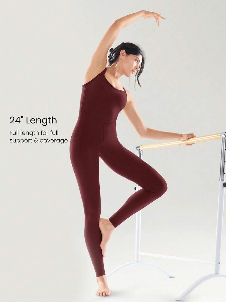 24" FeatherFit™-Air Movimentação Agradável Macio como Manteiga Elástico Absorvente de Suor Copos Removíveis Bolsos Laterais Costas Abertas Macacão Impacto Baixo Yoga Pilates Academia Uso Diário Casual