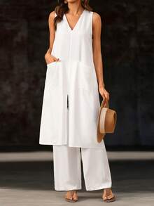EMERY ROSE Débardeur ample à encolure en V pour femmes, débardeur minimaliste élégant sans dos en coton de style lin d'été, pantalon ample à jambes droites, style vacances - Blanc - Voir 5
