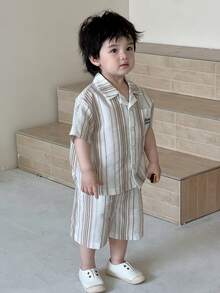 DAZY Bộ áo polo tay ngắn kẻ sọc dáng thường ngày cho bé trai - Màu Khaki - Xem 1