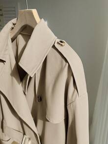 Comfortcana Plus Size Retro Khaki Short Trench Coat With Collar, Suitable For Spring And Autumn Fall - Khaki - View 6
