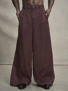 PAVTROS Men's Striped Print Casual Loose Wide-Leg Pants Wide Leg - Burgundy - View 4