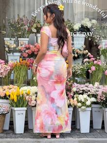 GalTyme Đầm maxi xếp tầng cổ vuông in hoa thanh lịch dành cho nữ cỡ lớn mùa xuân/hè. - Nhiều màu - Xem 2