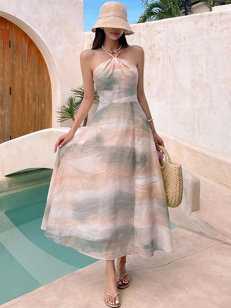 Women's Tie-Dye Print Elegant Maxi Halter Dress Summer