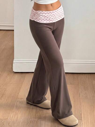 Pantalon long décontracté couleur café à pois et patchwork pour fille préadolescente