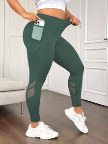 SHEIN Sports Plus Size High Waist Tummy Control Shaping Workout Leggings With Mesh Pockets Yoga Women Pants - Green - View 2