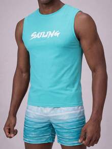 Surfspeed 2pcs Men Letter Printed Tank Top And Shorts Swimming Trunks Set,Hawaiian - Teal Blue - View 3