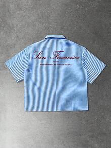 Manfinity EMRG Men's Casual Striped Letter Print Shirt, Summer - Blue - View 3