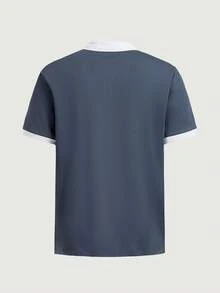 Courvante 男士字母圖案對比飾邊 Polo 衫，短袖灰藍色，附刺繡與鈕扣，適合高爾夫、網球、商務通勤與男友穿著 - 霧霾藍 - 查看 4