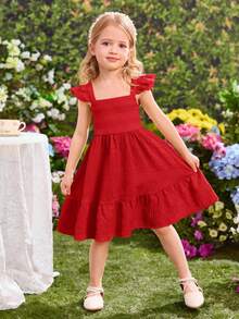SHEIN Young Girl Ruffled Cap Sleeve Summer Vacation Dress - Red - View 4