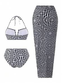 Swim Oasis Bộ đồ bơi nữ mùa xuân/hè 2026 mới với họa tiết ngẫu nhiên, gồm áo quây, quần bơi và váy maxi lưới, thích hợp cho kỳ nghỉ biển hoặc những dịp thường ngày. - Đen và trắng - Xem 2