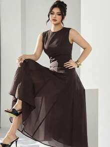 Heiryn Vestido elegante de unicolor con cuello redondo y sin mangas, talla grande, primavera/verano - Café integral - Ver 4