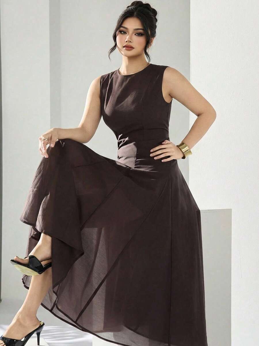 Heiryn Plus Size Solid Color Round Neck Sleeveless Elegant Dress, Spring/Summer - Coffee Brown - View 1