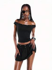 Airlisse 1 Set Solid Color Off-Shoulder Fitted Top And Mini Skirt Casual Street Wear Y2k Y2k Outfit Rave Black Summer Club Night - Black - View 3