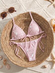 Swim Mod Bộ đồ bơi nữ, áo bikini tam giác gợi cảm đính sequin thời trang kết hợp với quần bơi buộc dây bên hông, trang phục đi biển dành cho người lớn. - Hồng - Xem 2