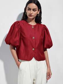 2026 Modichic Blusa elegante y de alta gama con material satinado, cuello redondo, decoración de botón metálico y mangas con diseño de pétalos para mujeres - Burdeos - Ver 7
