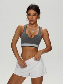 Women's Contrast Color Seamless Sports Bra For Daily Fitness - Dark Grey - View 4