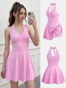 SHEIN Girlism 少女粉色针织修身蝴蝶结装饰休闲优雅连衣裙 - 粉色 - 查看 2