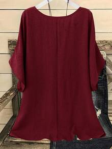 SHEIN LUNE CURVE Plus Size Casual Vacation Solid Color Batwing Sleeve Shirt - Red - View 2
