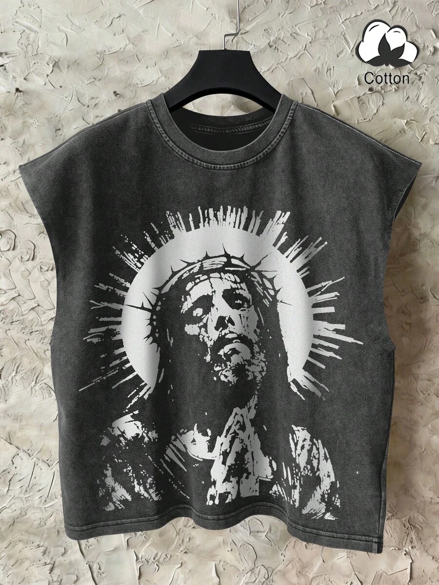 Manfinity Hypemode Men's Vintage Graphic Print Washed Tank Top, Holiday - Black - View 1
