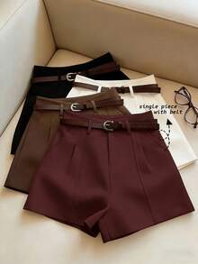 Pantalones cortos minimalistas de moda francesa, tejidos de unicolor, casuales para ir al trabajo, retro, de cintura alta, con silueta A y pierna ancha, para mujeres - Rojo - Ver 10