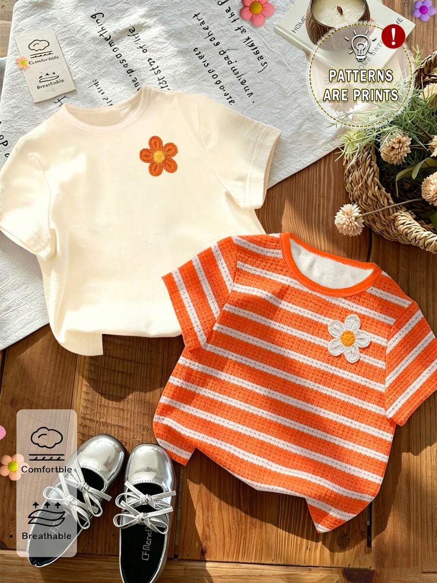 2pcs Girls Casual Tops, Spring Summer Autumn, Cute Floral & Striped Print, Comfortable Daily Wear, Suitable For Girls - Multicolor - View 1