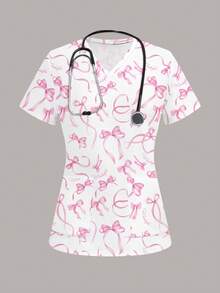 PopScrub Women's Casual Nursing Scrub Uniform Top, Butterfly Print - Multicolor - View 1