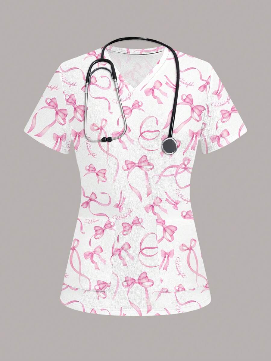 PopScrub Women's Casual Nursing Scrub Uniform Top, Butterfly Print - Multicolor - View 1