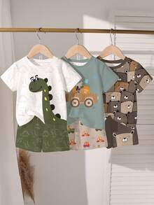 3 Stücke/Set Kleinkinder Jungen Sommer Neue Cartoon Dinosaurier/Auto/Bär Muster Outfits, süß und bequem für Alltag/Outdoor Matching Sets - Verschiedenfarbig - Übersicht 1