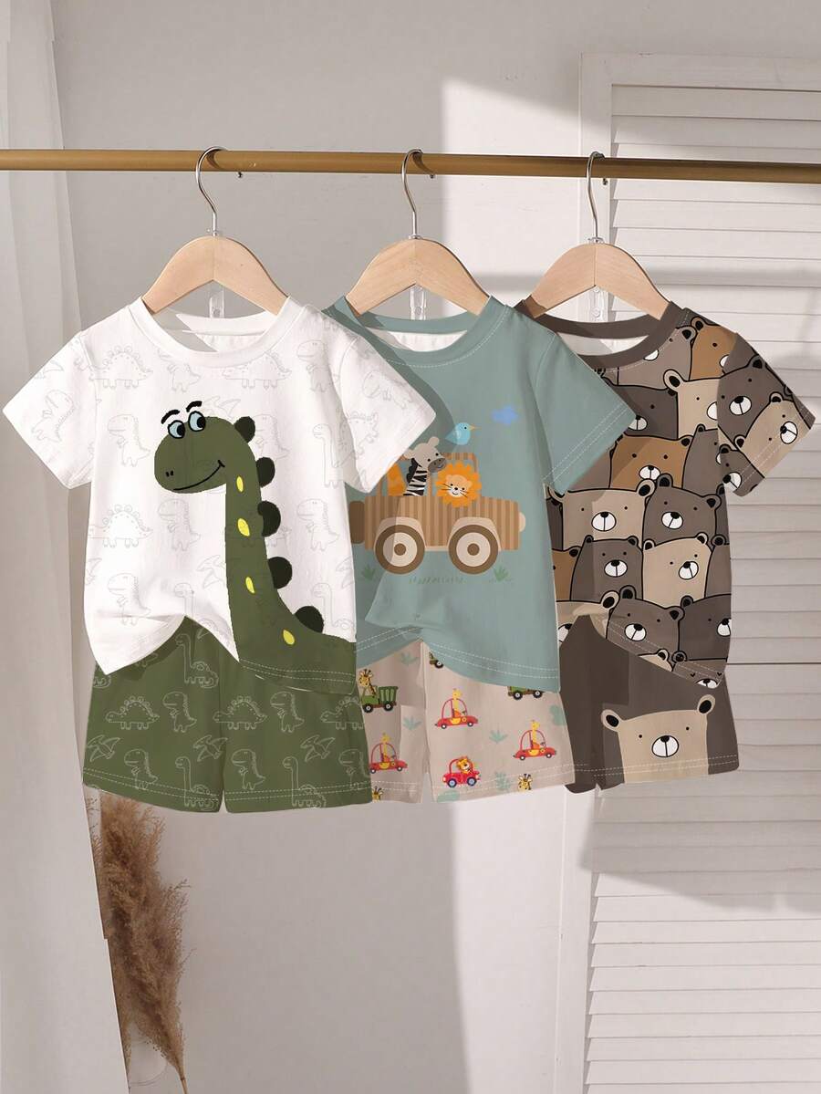 3 Stücke/Set Kleinkinder Jungen Sommer Neue Cartoon Dinosaurier/Auto/Bär Muster Outfits, süß und bequem für Alltag/Outdoor Matching Sets - Verschiedenfarbig - Übersicht 1