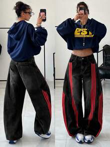 StreetHx Quần jeans ống loe kẻ sọc tương phản dành cho nữ - màu đen - Xem 6