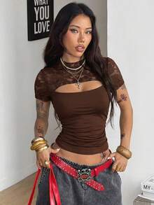 Coolane 女士春夏街头风休闲优雅约会之夜复古Y2K蕾丝二合一弹力黑色修身短袖T恤 - 棕色 - 查看 3
