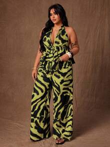 Plus Size Zebra Print Casual Spaghetti Strap Tie Strap Top And Pants 2 Pieces Set - Green - View 4