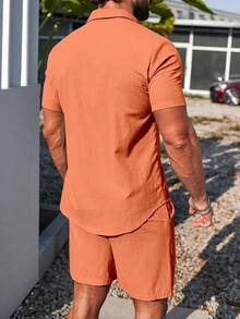 Manfinity Homme Men's Casual Set With Front Button Short Sleeve Shirt And Drawstring Waist Shorts - Orange - View 2