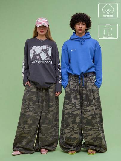 COUREZ Unisex Women Men Baggy Balloon Fit Camo Trousers Y2K Vintage 100%Cotton