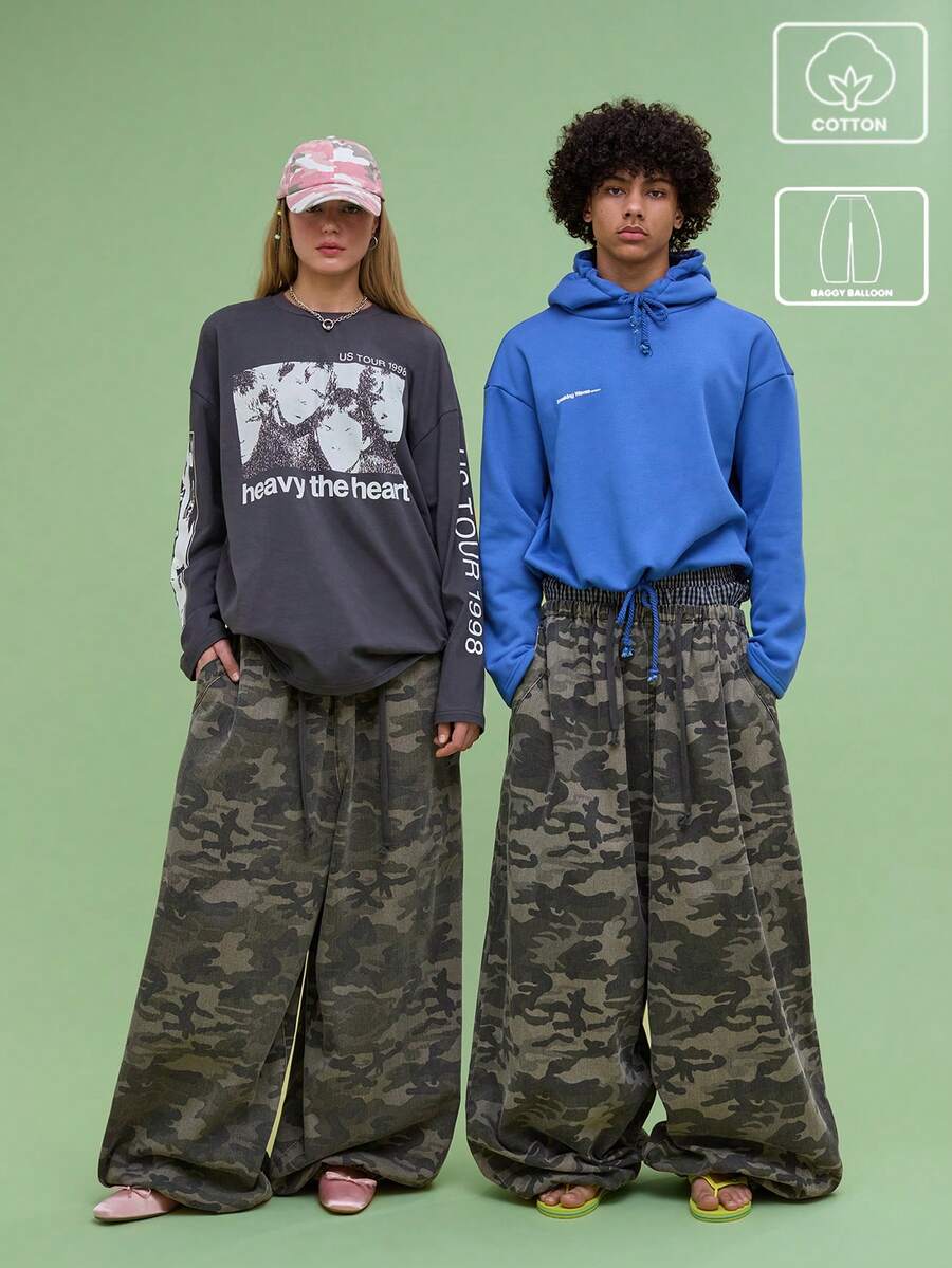 COUREZ Unisex Women Men Baggy Balloon Fit Camo Trousers Y2K Vintage 100%Cotton - Khaki - View 1