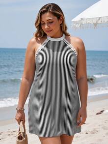Swim Lushoire 2026 女士黑白竖条纹镂空露背沙滩度假连衣裙 - 彩色 - 查看 5