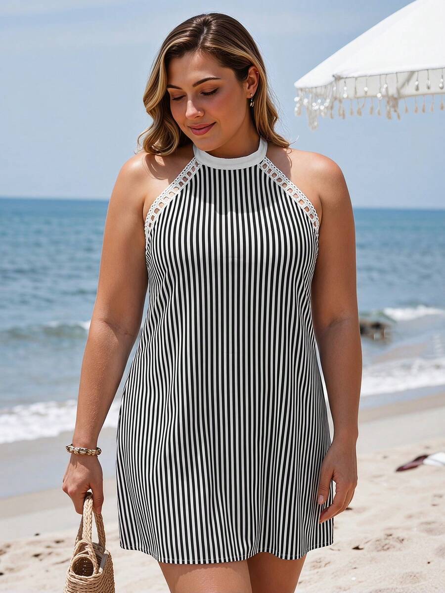 Swim Lushoire 2026 Black White Vertical Striped Hollow Out Backless Beach Gym Vacation Dress For Women Summer - Multicolor - View 1