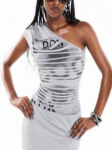 Airlisse Women's Letter Print Distressed Slim Fit Sleeveless Mini Dress Nightclub Club Night Dark Grey Summer Sexy Y2k 2000s - Grey - View 1