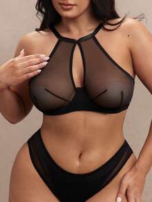 SHEIN BAE 2pcs Women Plus Size Solid Color Mesh Underwire Bra Set - Black - View 5