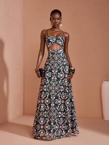 JIAN LASALA Áo corset hai dây bằng vải lưới in họa tiết toàn thân, khoét eo hình tròn, dành cho nữ. - Nhiều màu - Xem 6