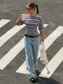 Muchica Women's Retro Contrast Color Striped Print T-Shirt,Blue And White Stripe,Summer,Casual,Everyday Summer Top,Street Style,Y2K,Chic,Work Commute,Holiday - Multicolor - View 8