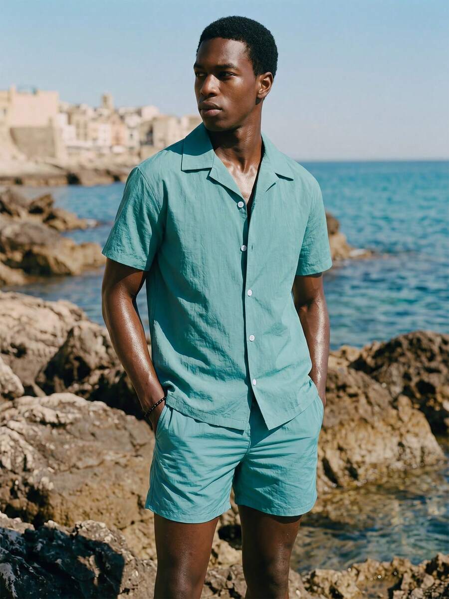 Palasendo Men's Summer Vacation Simple Solid Color Short Sleeve Shirt And Shorts Beach Pants Set - Cadet Blue - View 1