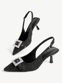 CUCCOO CHICEST Women's Shoes New French Retro Rhinestone Square Buckle Fabric Pointed Women's High-Heeled Shoes Slingbacks Elegant Commuting Style - Black - View 4