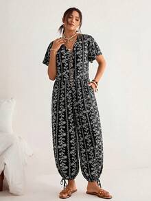 Freevana Plus Size All-Over Print V-Neck Button Casual Short Sleeve Jumpsuit - Black - View 5