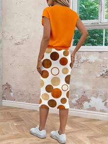 SHEIN LUNE 2pcs Set: Casual Orange Polka Dot Pattern Summer Textured Skirt & Ladies Summer Vacation,Casual - Multicolor - View 2