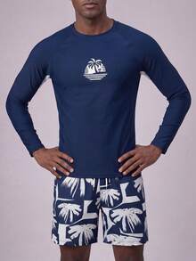 CoralVoy Set de 2 piezas de traje de baño de hombre con estampado de árbol de coco, de manga larga y shorts, estilo hawaiano - Multicolor - Ver 4