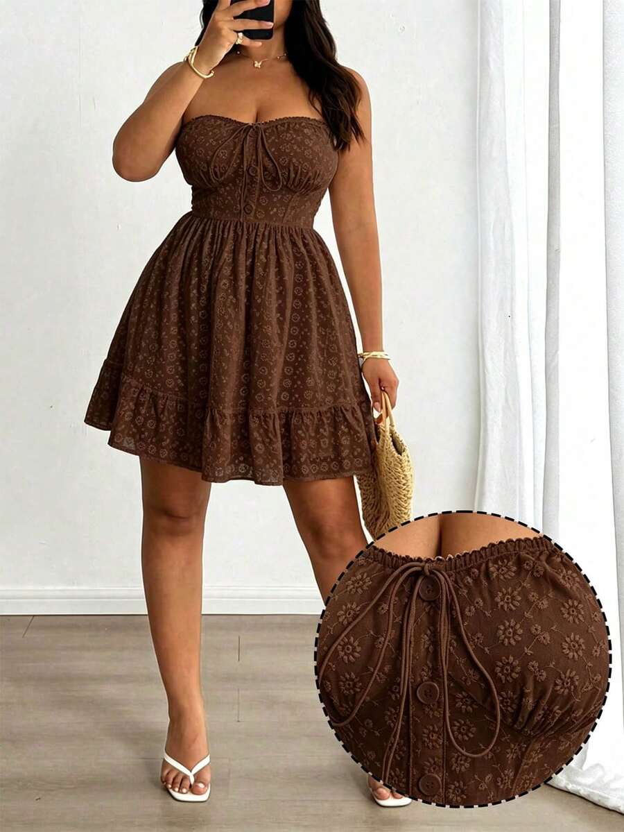 Vionelle Đầm corset ren thêu kiểu Pháp cổ điển sang trọng dành cho nữ cỡ lớn mùa xuân/hè. - Cà phê nâu - Xem 1
